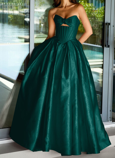 Ball-Gown Strapless Sleeveless Sweep Train Satin Prom Dresses With Pleated