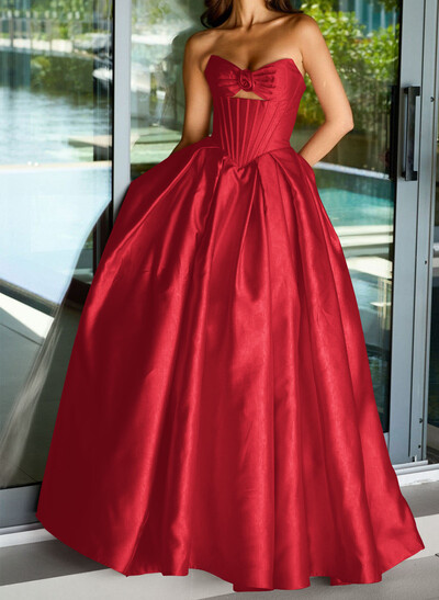 Ball-Gown Strapless Sleeveless Sweep Train Satin Prom Dresses With Pleated