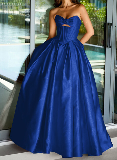 Ball-Gown Strapless Sleeveless Sweep Train Satin Prom Dresses With Pleated