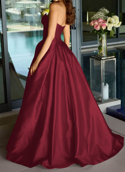 Ball-Gown Strapless Sleeveless Sweep Train Satin Prom Dresses With Pleated