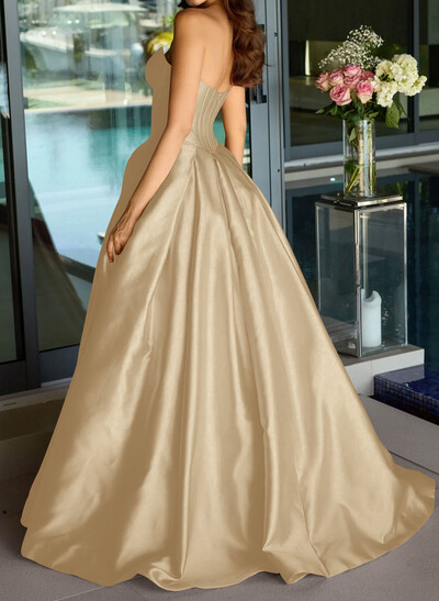 Ball-Gown Strapless Sleeveless Sweep Train Satin Prom Dresses With Pleated