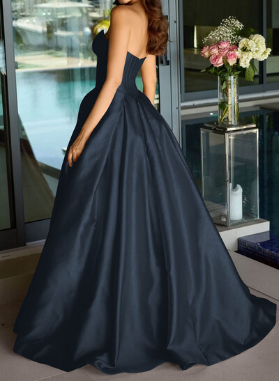Ball-Gown Strapless Sleeveless Sweep Train Satin Prom Dresses With Pleated