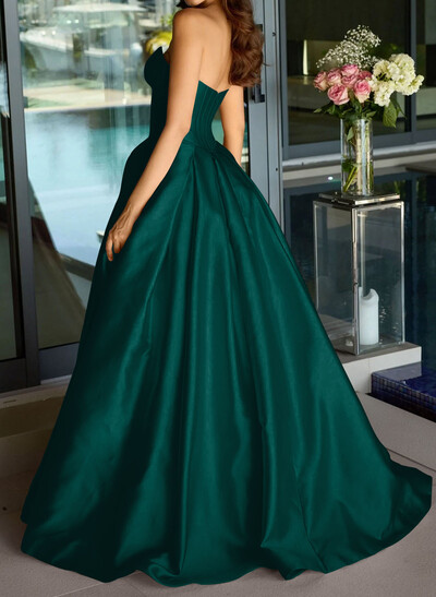 Ball-Gown Strapless Sleeveless Sweep Train Satin Prom Dresses With Pleated