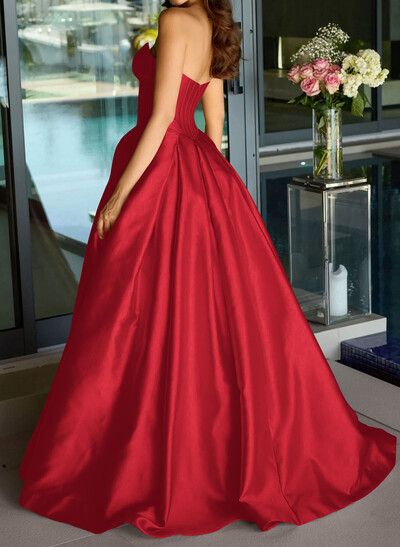 Ball-Gown Strapless Sleeveless Sweep Train Satin Prom Dresses With Pleated