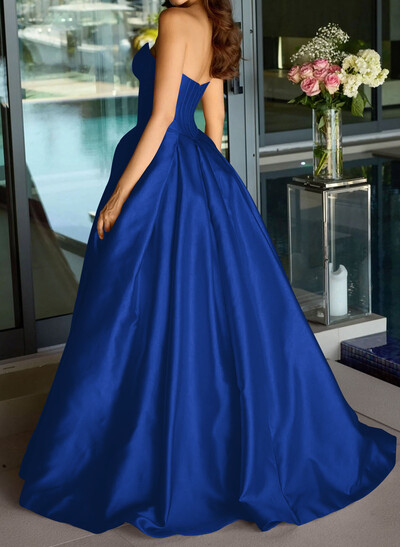Ball-Gown Strapless Sleeveless Sweep Train Satin Prom Dresses With Pleated