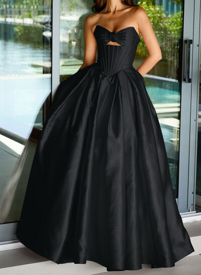 Ball-Gown Strapless Sleeveless Sweep Train Satin Prom Dresses With Pleated