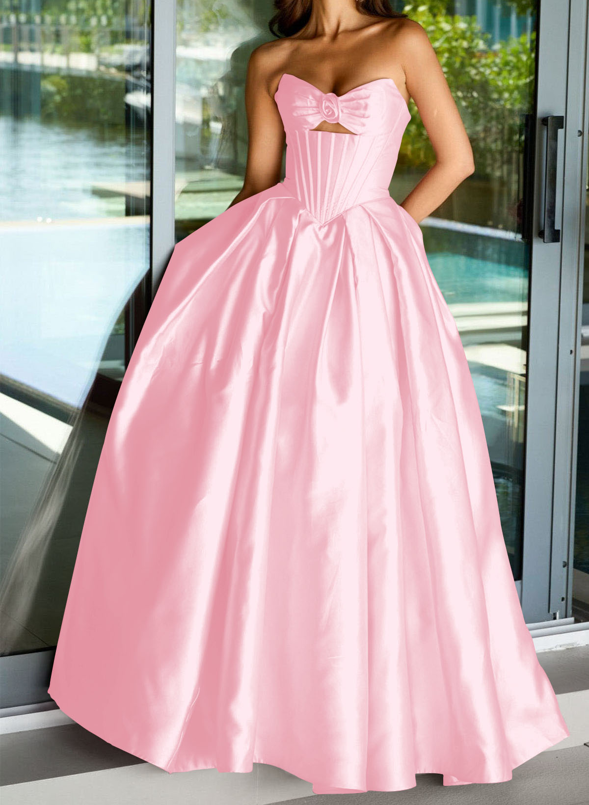 Ball-Gown Strapless Sleeveless Sweep Train Satin Prom Dresses With Pleated