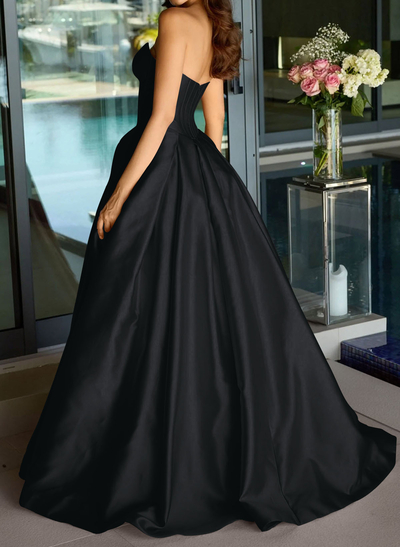 Ball-Gown Strapless Sleeveless Sweep Train Satin Prom Dresses With Pleated