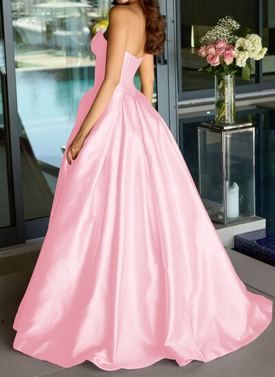 Ball-Gown Strapless Sleeveless Sweep Train Satin Prom Dresses With Pleated