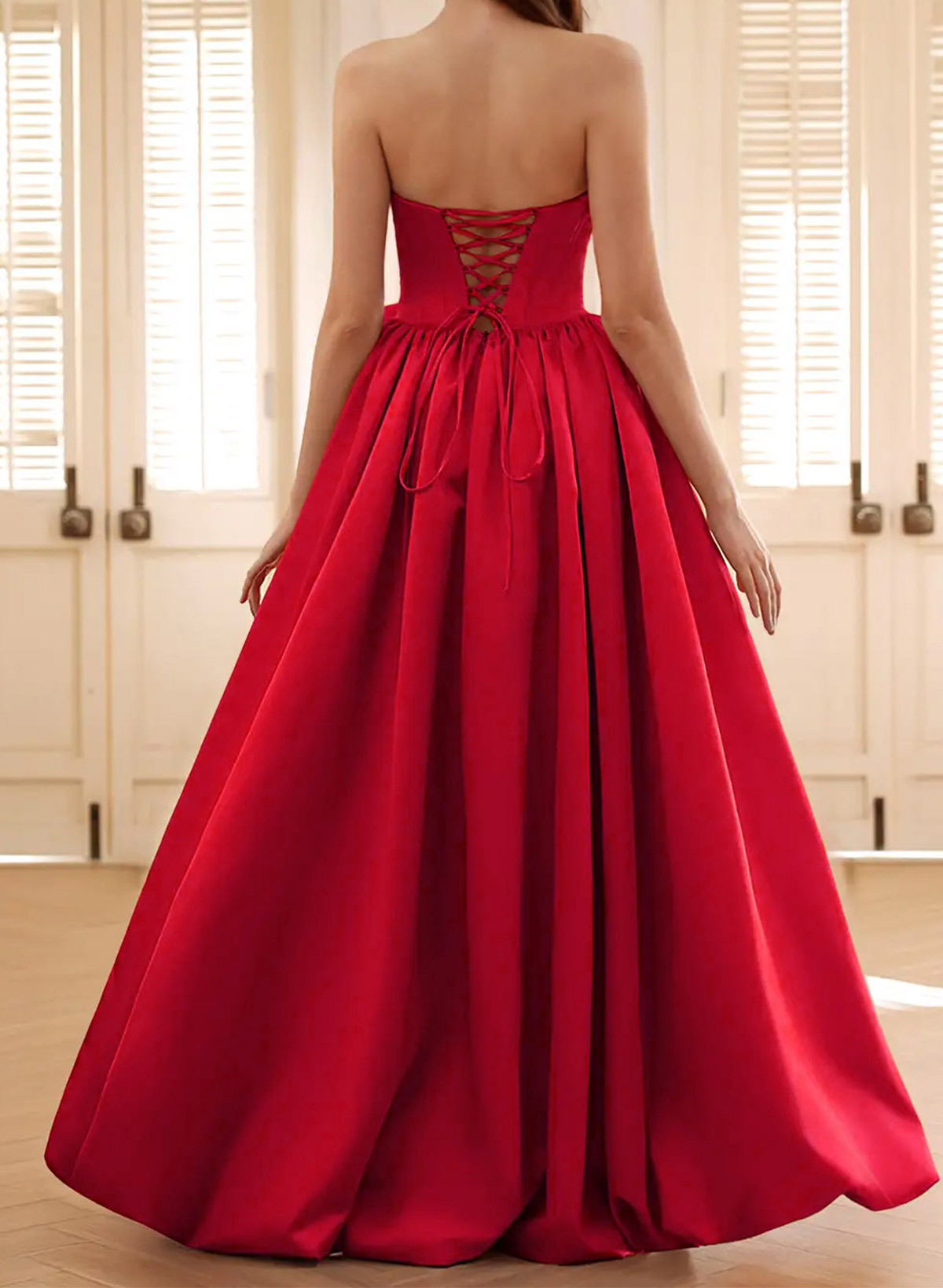 Ball-Gown Strapless Sleeveless Asymmetrical Satin Prom Dresses With Flower