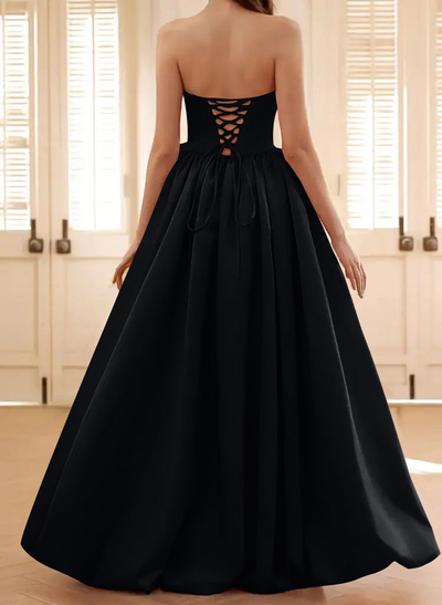 Ball-Gown Strapless Sleeveless Asymmetrical Satin Prom Dresses With Flower