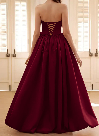 Ball-Gown Strapless Sleeveless Asymmetrical Satin Prom Dresses With Flower