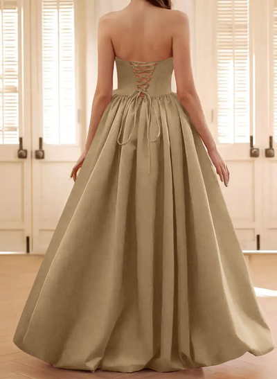 Ball-Gown Strapless Sleeveless Asymmetrical Satin Prom Dresses With Flower