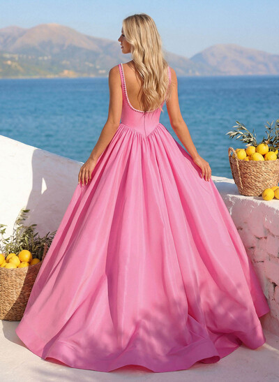 A-Line Square Neckline Sweep Train Sleeveless Taffeta Prom Dresses With Split Front/Beading/High Split