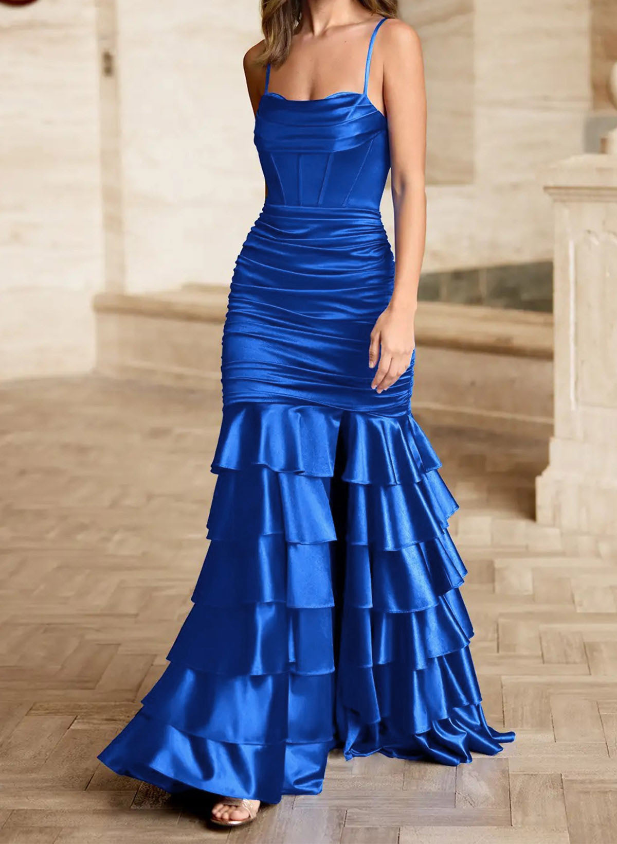 Trumpet/Mermaid Square Neckline Sleeveless Floor-Length Stretch Satin Knit Prom Dresses With Tiered
