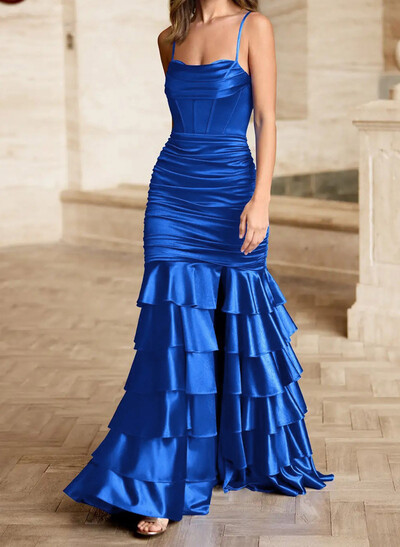 Trumpet/Mermaid Square Neckline Sleeveless Floor-Length Stretch Satin Knit Prom Dresses With Tiered