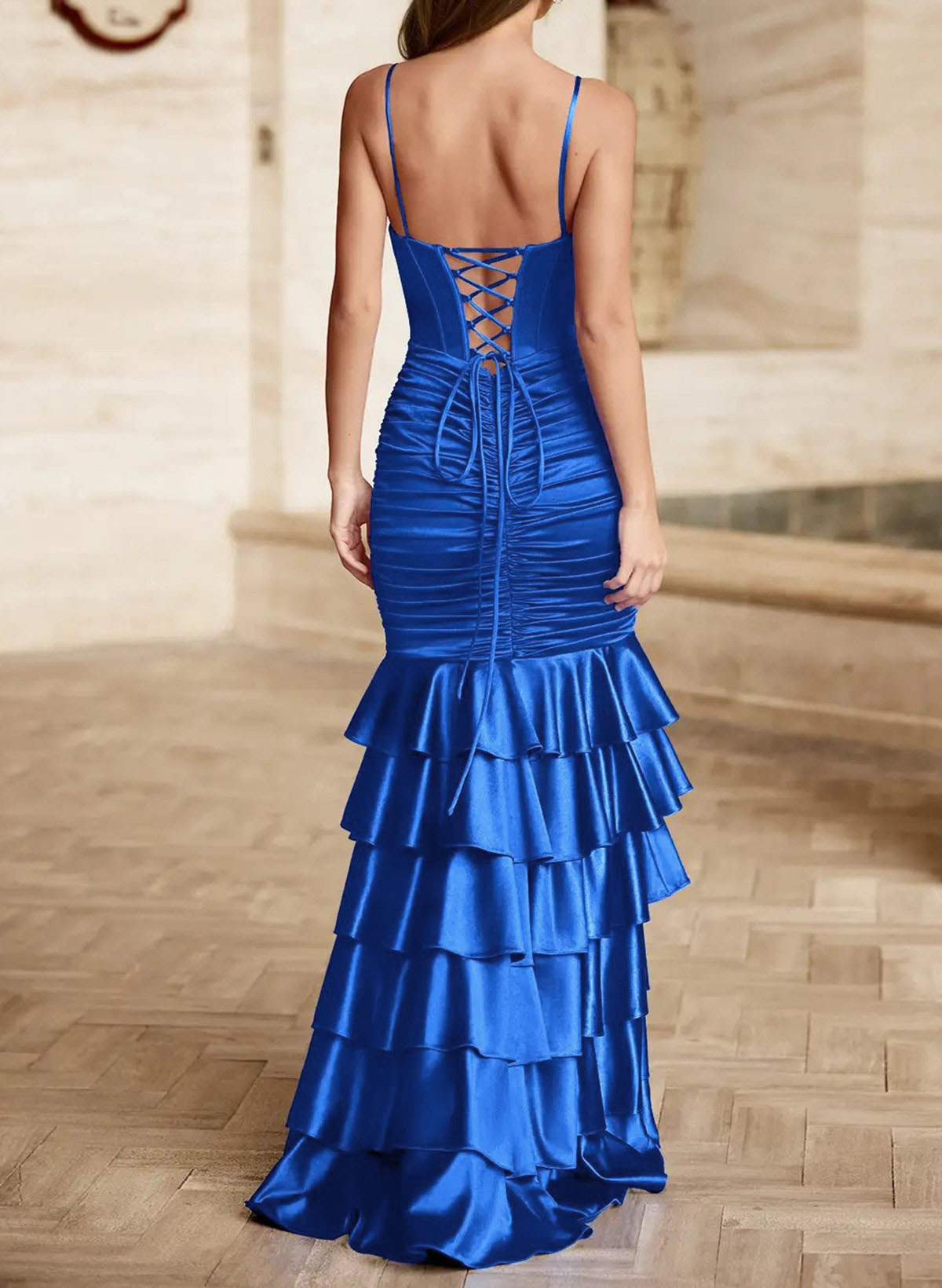 Trumpet/Mermaid Square Neckline Sleeveless Floor-Length Stretch Satin Knit Prom Dresses With Tiered