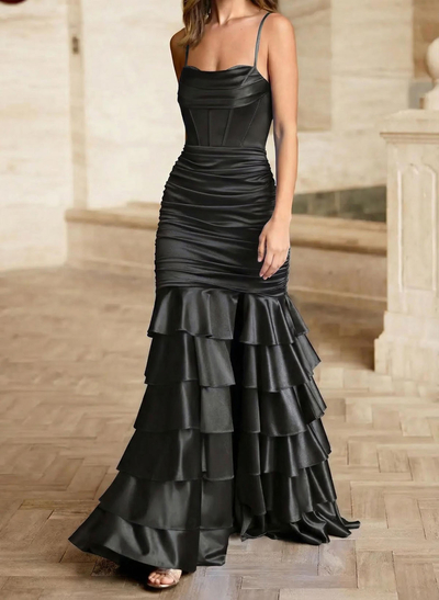 Trumpet/Mermaid Square Neckline Sleeveless Floor-Length Stretch Satin Knit Prom Dresses With Tiered