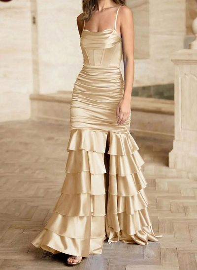 Trumpet/Mermaid Square Neckline Sleeveless Floor-Length Stretch Satin Knit Prom Dresses With Tiered