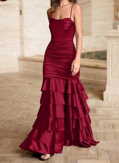 Trumpet/Mermaid Square Neckline Sleeveless Floor-Length Stretch Satin Knit Prom Dresses With Tiered