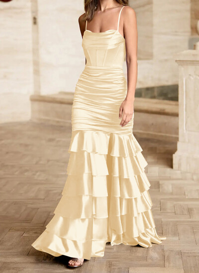 Trumpet/Mermaid Square Neckline Sleeveless Floor-Length Stretch Satin Knit Prom Dresses With Tiered