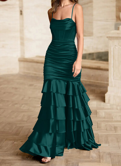 Trumpet/Mermaid Square Neckline Sleeveless Floor-Length Stretch Satin Knit Prom Dresses With Tiered