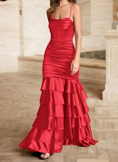 Trumpet/Mermaid Square Neckline Sleeveless Floor-Length Stretch Satin Knit Prom Dresses With Tiered