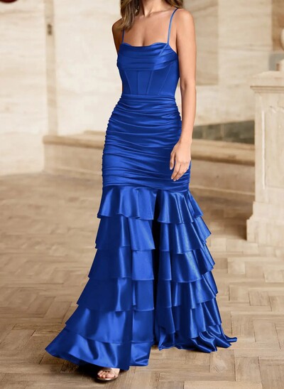 Trumpet/Mermaid Square Neckline Sleeveless Floor-Length Stretch Satin Knit Prom Dresses With Tiered
