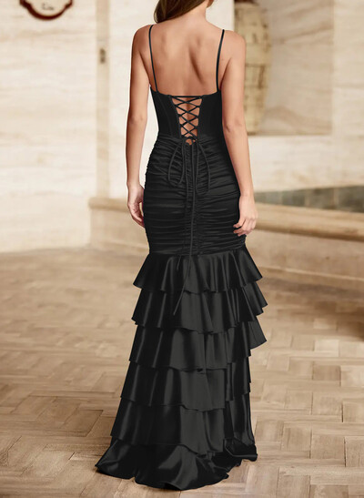 Trumpet/Mermaid Square Neckline Sleeveless Floor-Length Stretch Satin Knit Prom Dresses With Tiered