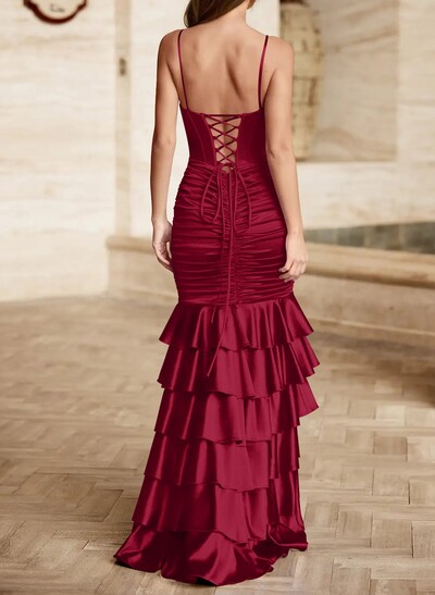 Trumpet/Mermaid Square Neckline Sleeveless Floor-Length Stretch Satin Knit Prom Dresses With Tiered