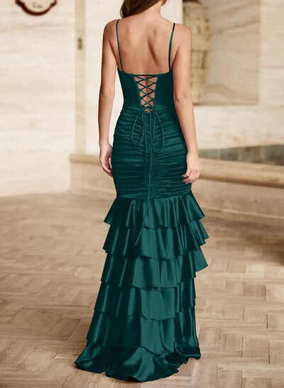 Trumpet/Mermaid Square Neckline Sleeveless Floor-Length Stretch Satin Knit Prom Dresses With Tiered