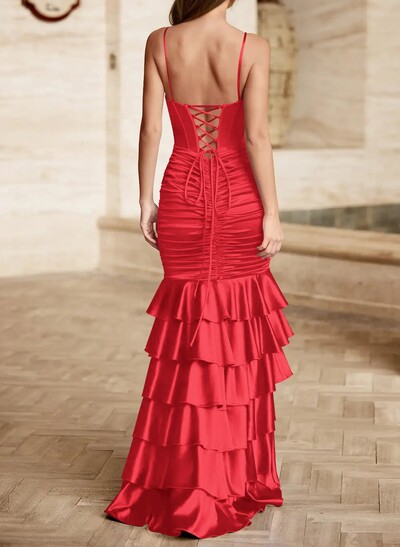 Trumpet/Mermaid Square Neckline Sleeveless Floor-Length Stretch Satin Knit Prom Dresses With Tiered