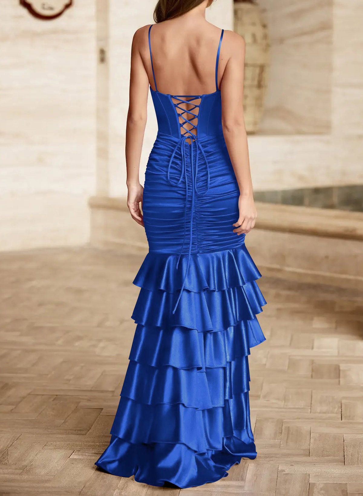 Trumpet/Mermaid Square Neckline Sleeveless Floor-Length Stretch Satin Knit Prom Dresses With Tiered