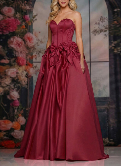 A-Line Sweetheart Sleeveless Floor-Length Satin Prom Dresses With Bow(s)