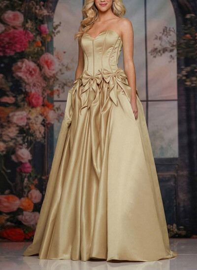 A-Line Sweetheart Sleeveless Floor-Length Satin Prom Dresses With Bow(s)