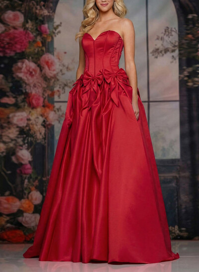 A-Line Sweetheart Sleeveless Floor-Length Satin Prom Dresses With Bow(s)