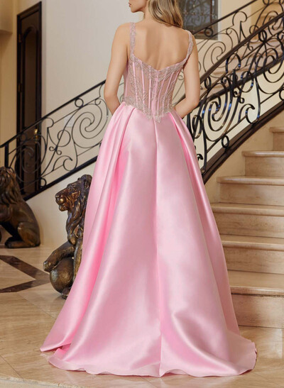 A-Line Sweetheart Sleeveless Floor-Length Satin Prom Dresses With Appliques Lace/Rhinestone/High Split