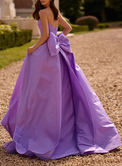 A-Line Strapless Sweep Train Prom Dresses With Bow(s)/Pleated/High Split