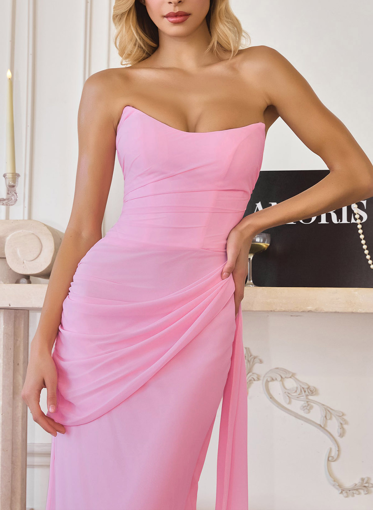 Sheath/Column Strapless Sleeveless Floor-Length Chiffon Prom Dresses With Sweeping Side Drape