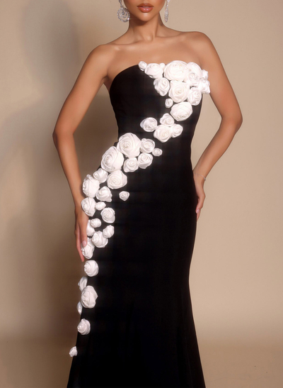 Trumpet/Mermaid Strapless Sleeveless Sweep Train Elastic Satin Prom Dresses With Flower(s)