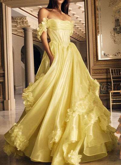 A-Line Detachable Sleeves Floor-Length Satin/Liquid Tulle Prom Dresses With Cascading Ruffles/Flower(s)