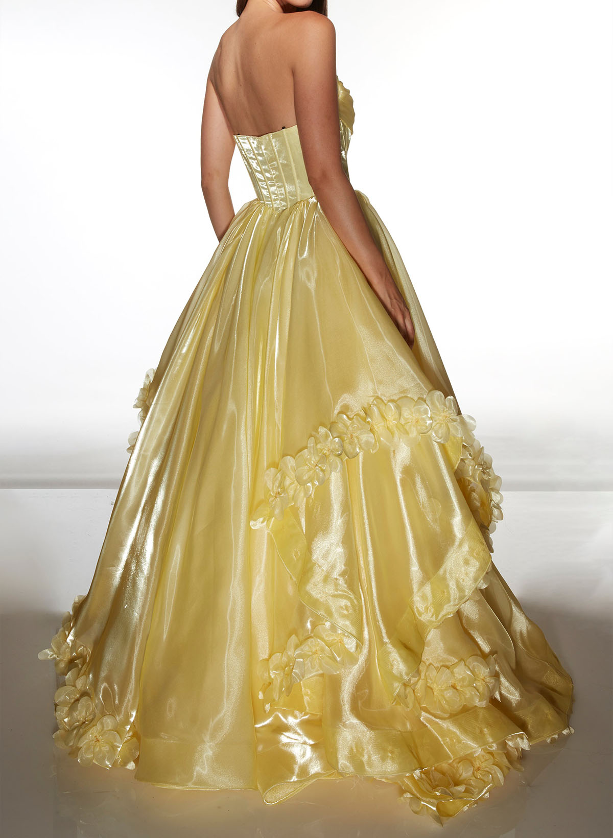 A-Line Detachable Sleeves Floor-Length Satin/Liquid Tulle Prom Dresses With Cascading Ruffles/Flower(s)