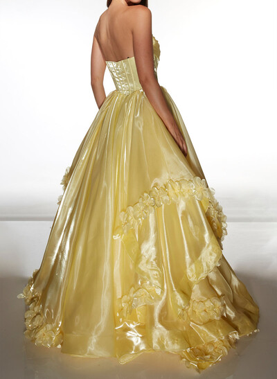 A-Line Detachable Sleeves Floor-Length Satin/Liquid Tulle Prom Dresses With Cascading Ruffles/Flower(s)