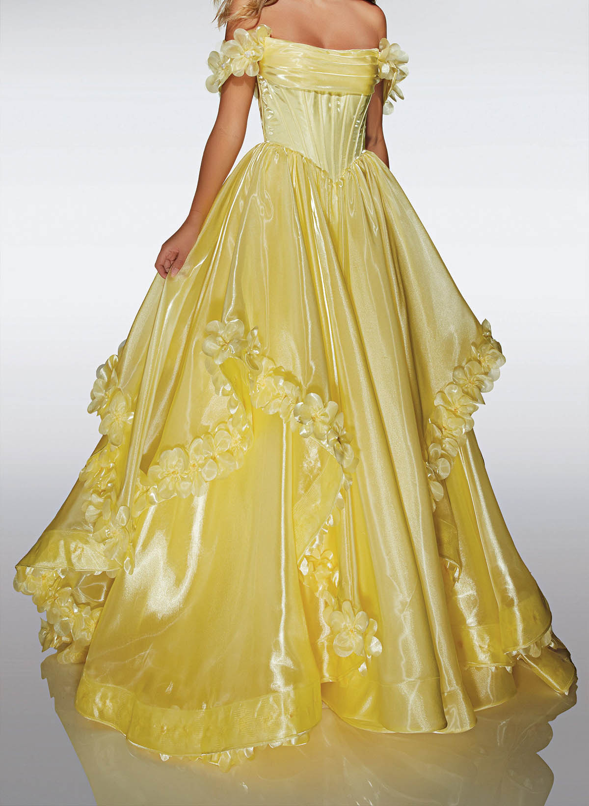 A-Line Detachable Sleeves Floor-Length Satin/Liquid Tulle Prom Dresses With Cascading Ruffles/Flower(s)