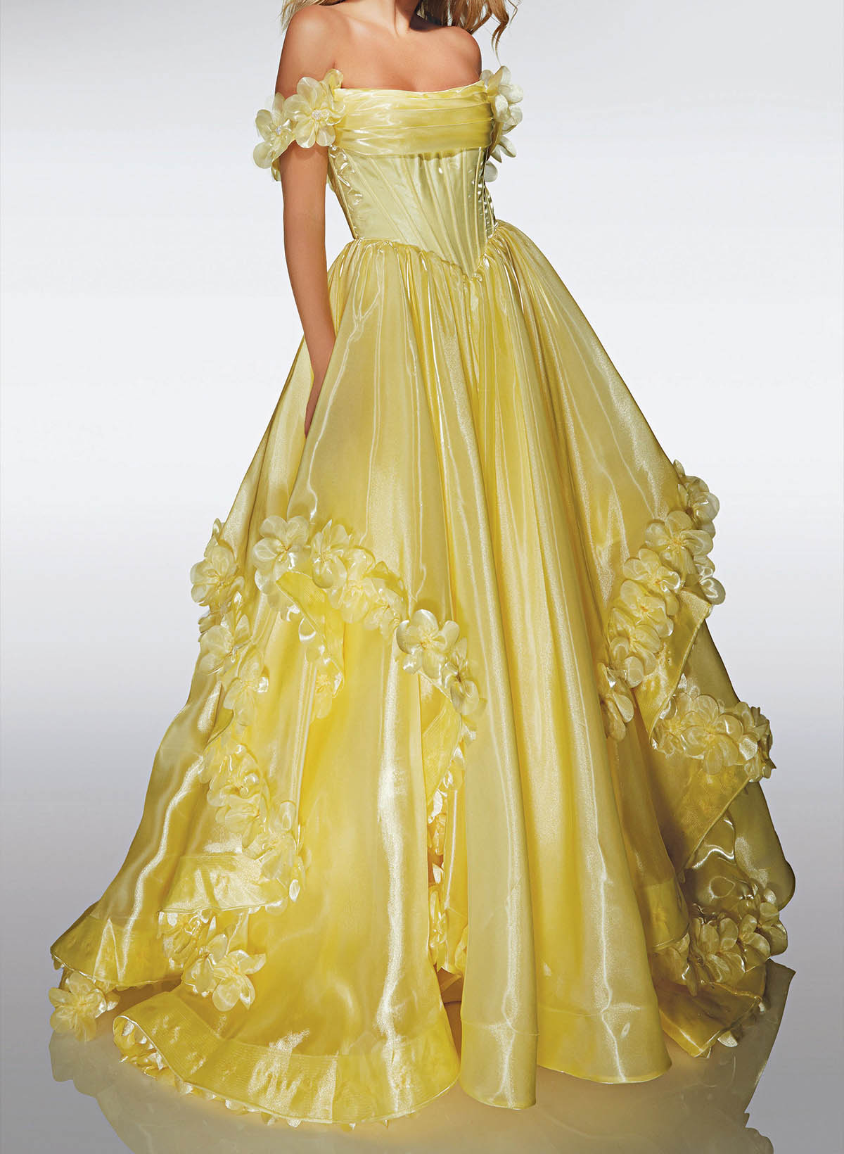 A-Line Detachable Sleeves Floor-Length Satin/Liquid Tulle Prom Dresses With Cascading Ruffles/Flower(s)