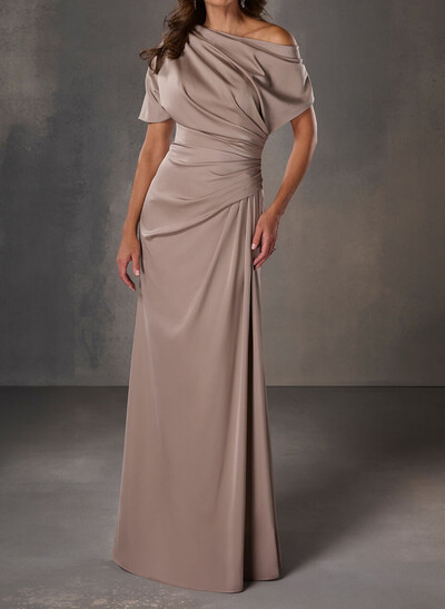A-Line One-Shoulder Short Sleeves Floor-Length Crepe Satin Prom Dresses