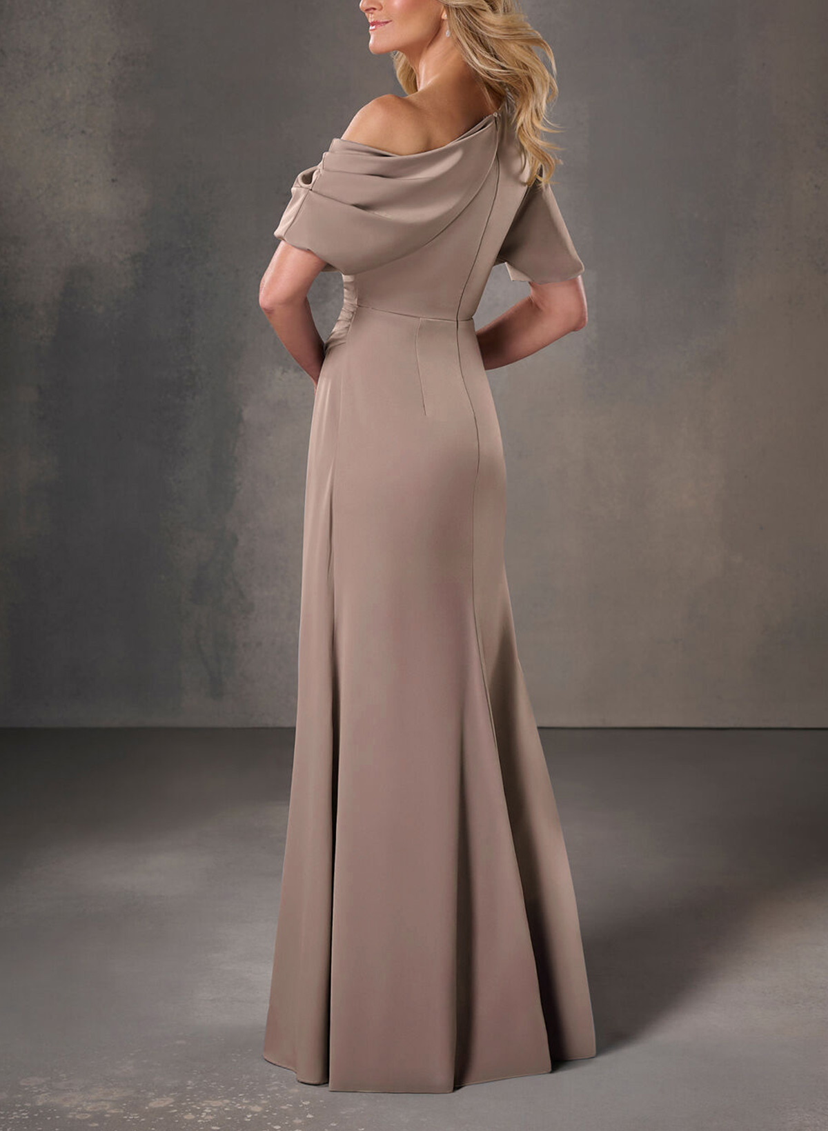 A-Line One-Shoulder Short Sleeves Floor-Length Crepe Satin Prom Dresses