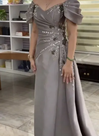 A-Line V-Neck Short Sleeves Floor-Length Satin Prom Dresses With Beading