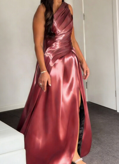 A-Line One-Shoulder Sleeveless Sweep Train Liquid Satin Prom Dresses With Split Front