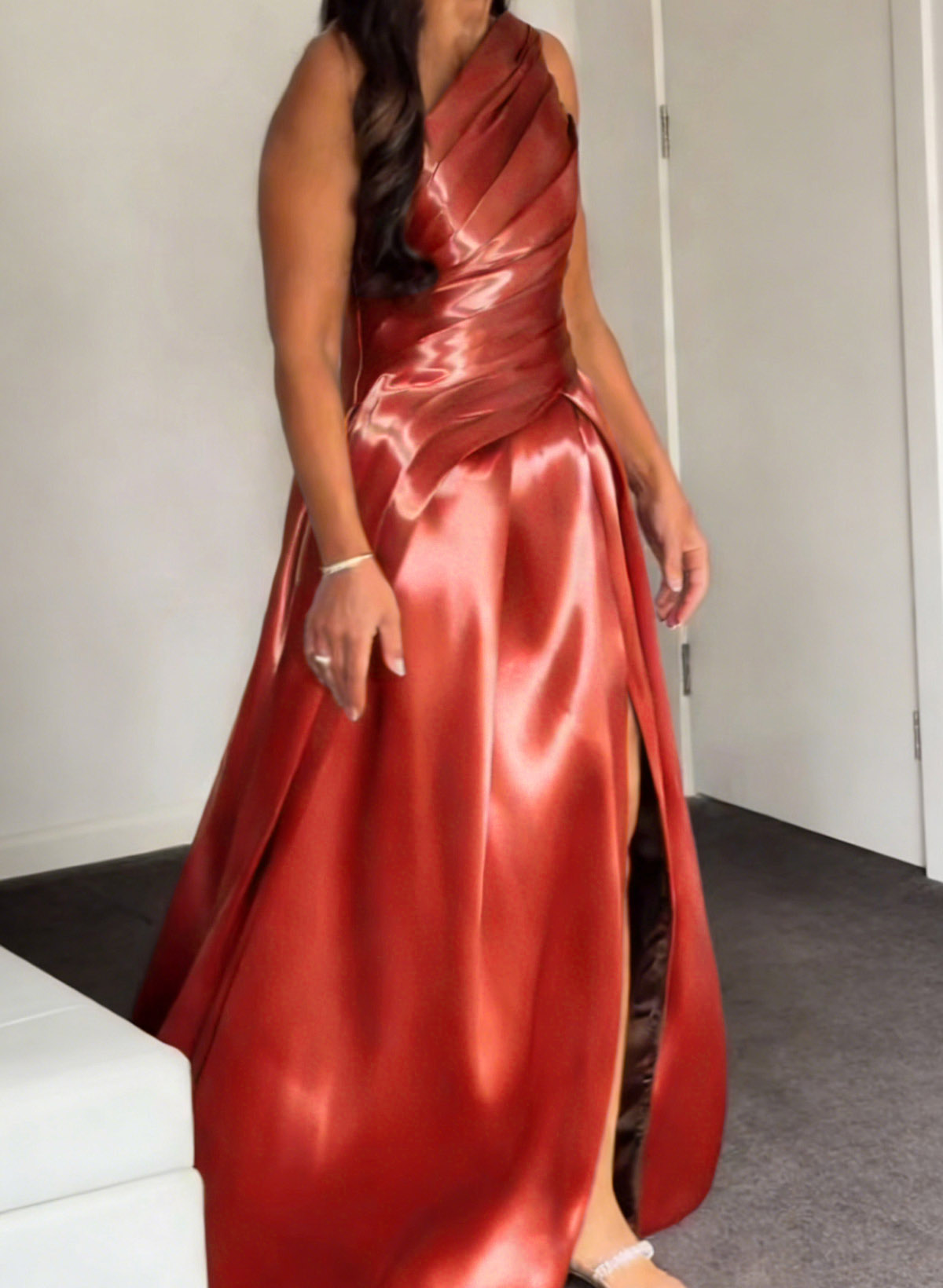 A-Line One-Shoulder Sleeveless Sweep Train Liquid Satin Prom Dresses With Split Front